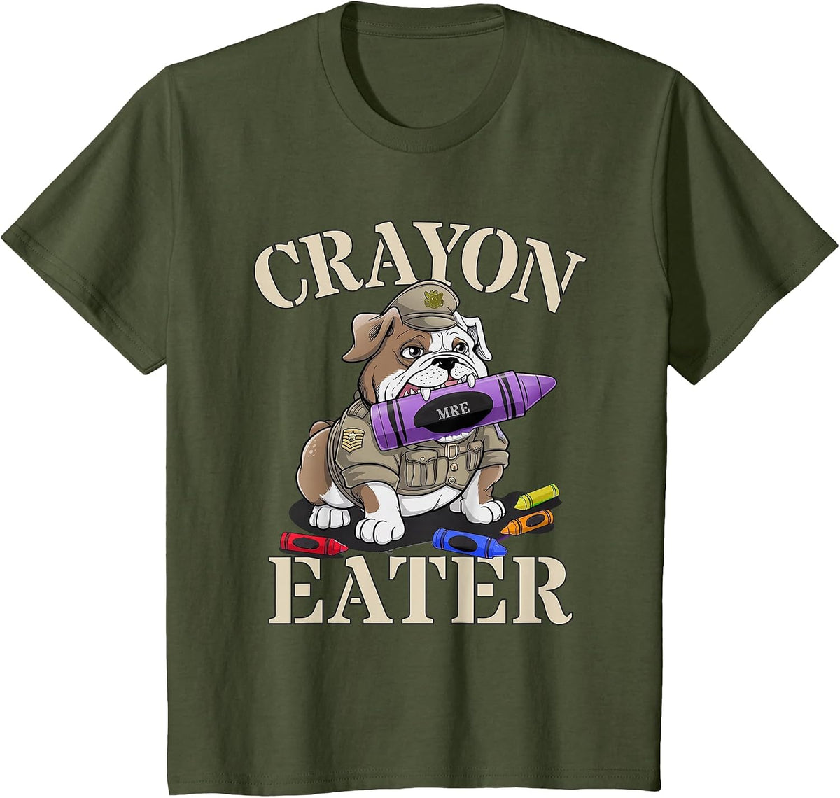 Kawaii Crayon Eater Bulldog Soldier School Boot Camp Humor T-Shirt - Olive Green