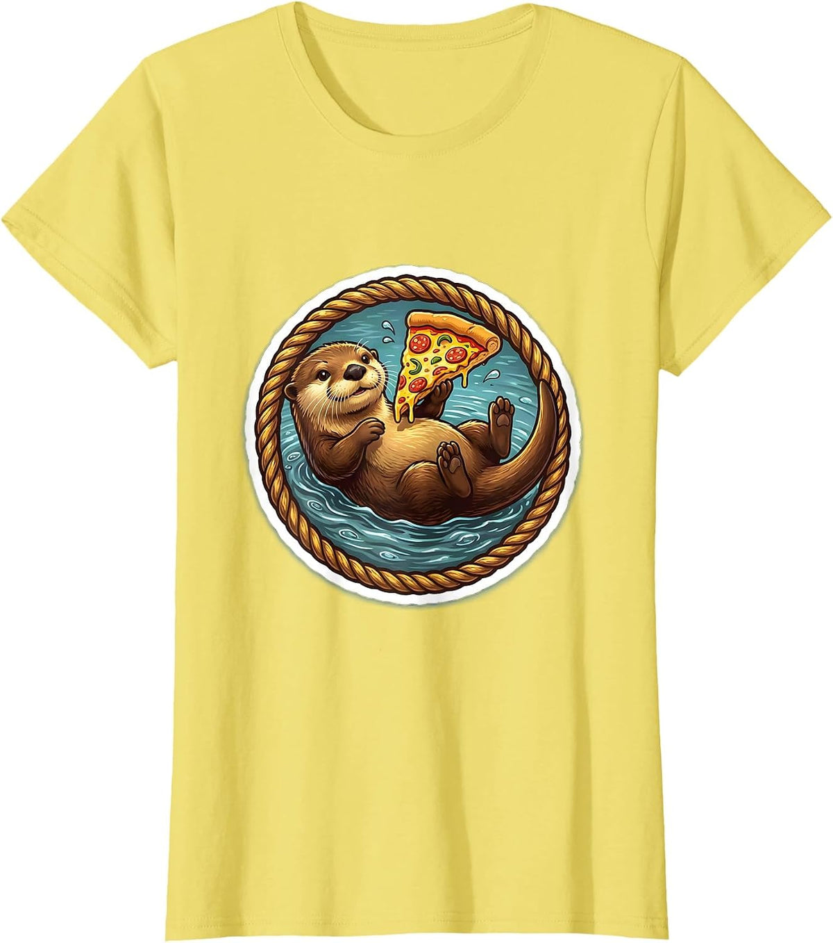 Otter Floating On Back Eating Pizza Graphic T-Shirt - Lemon Yellow