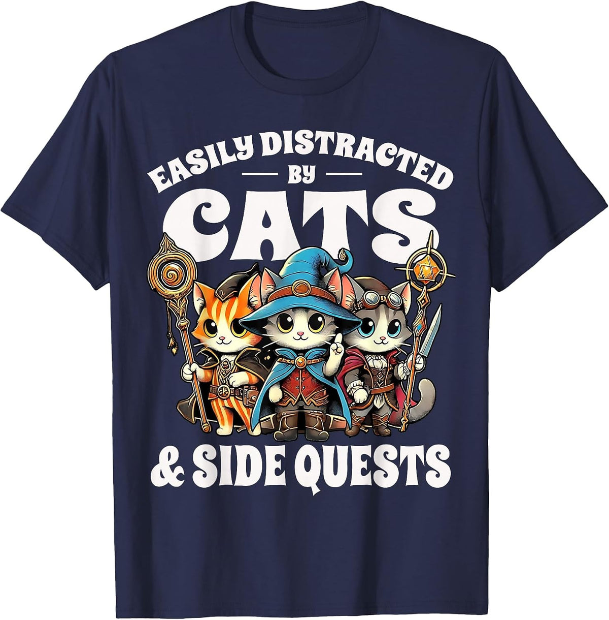 Nerdy Cat Adventures Side Quest Gamer Kitty Cats T-Shirt - Navy Blue