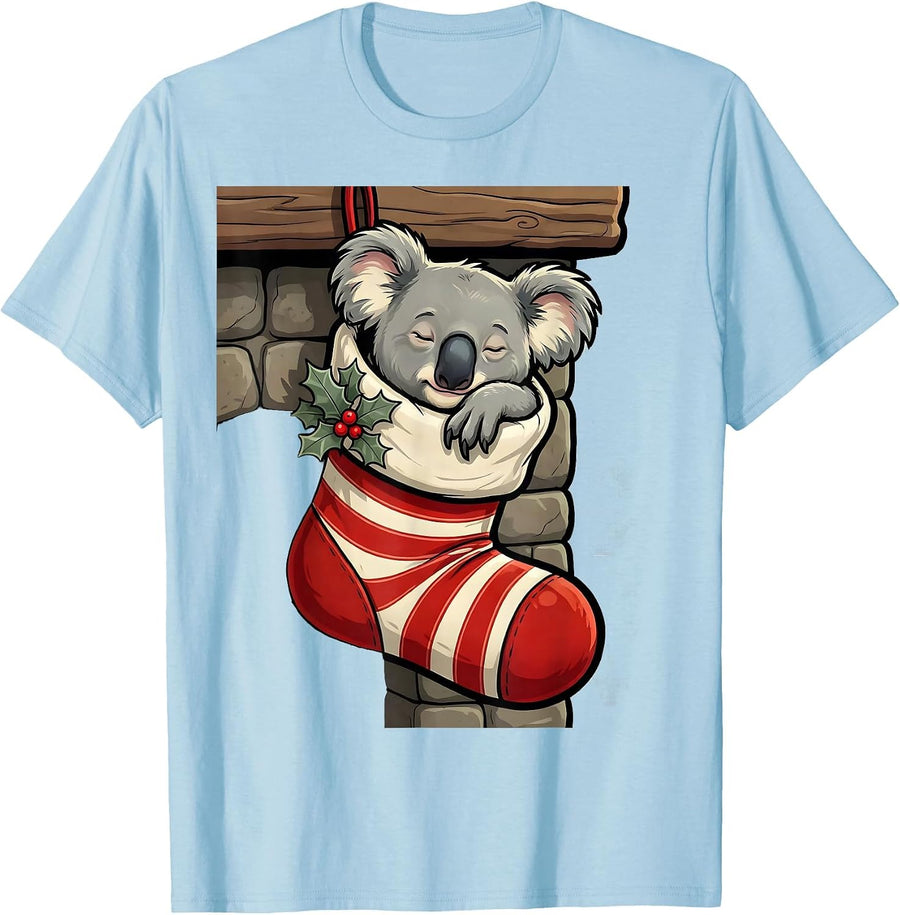 Men's Koala In Christmas Stocking Cartoon Funny Novelty T-Shirt - Baby Blue