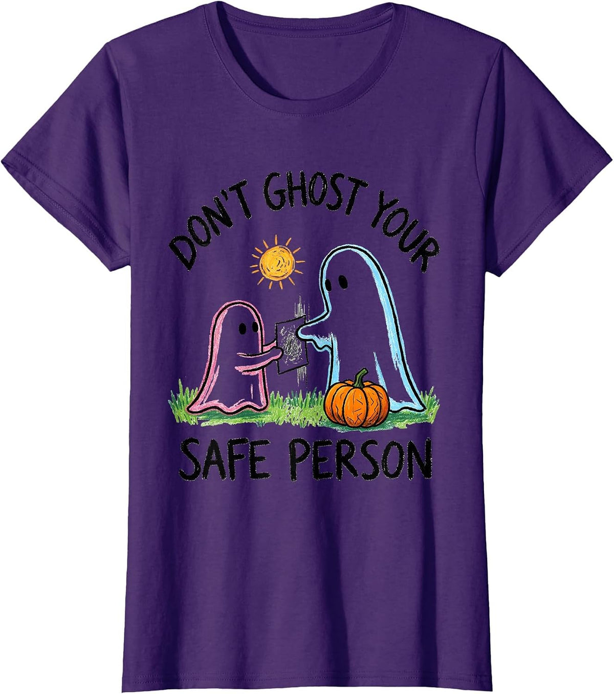 Women's Don't Ghost Your Safe Person Naive Kidcore Halloween Mental T-Shirt - Purple