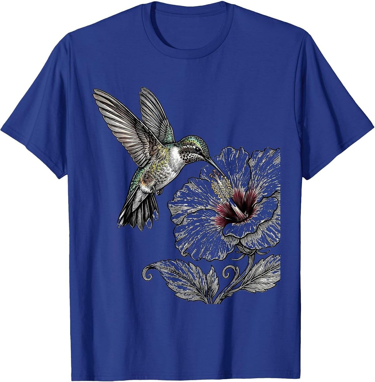 Hummingbird and Blooming Flower Illustration T-Shirt - Royal Blue