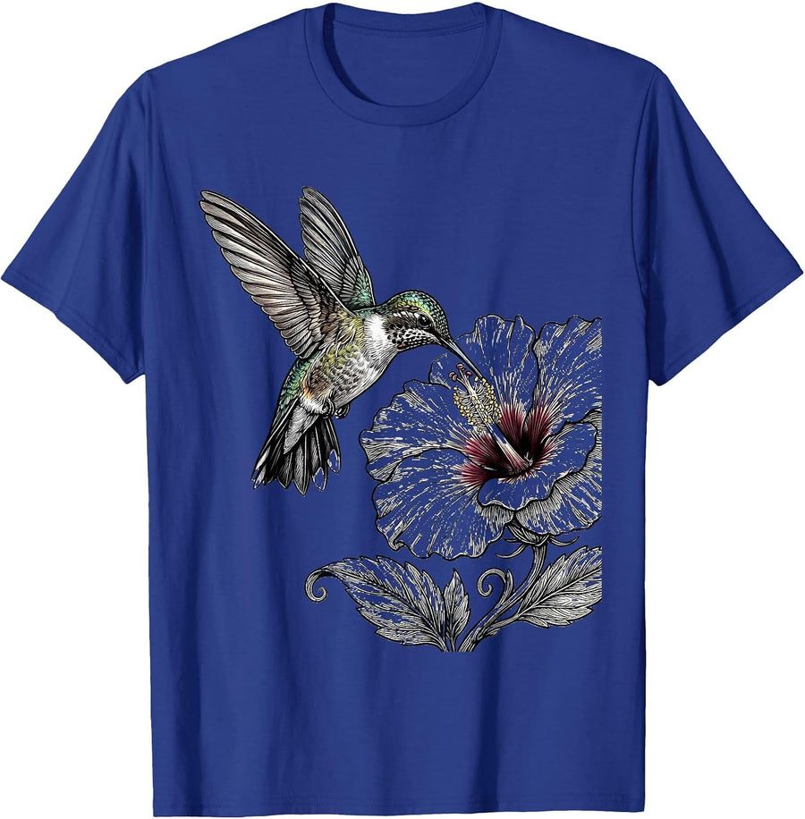 Hummingbird and Blooming Flower Illustration T-Shirt - Royal Blue