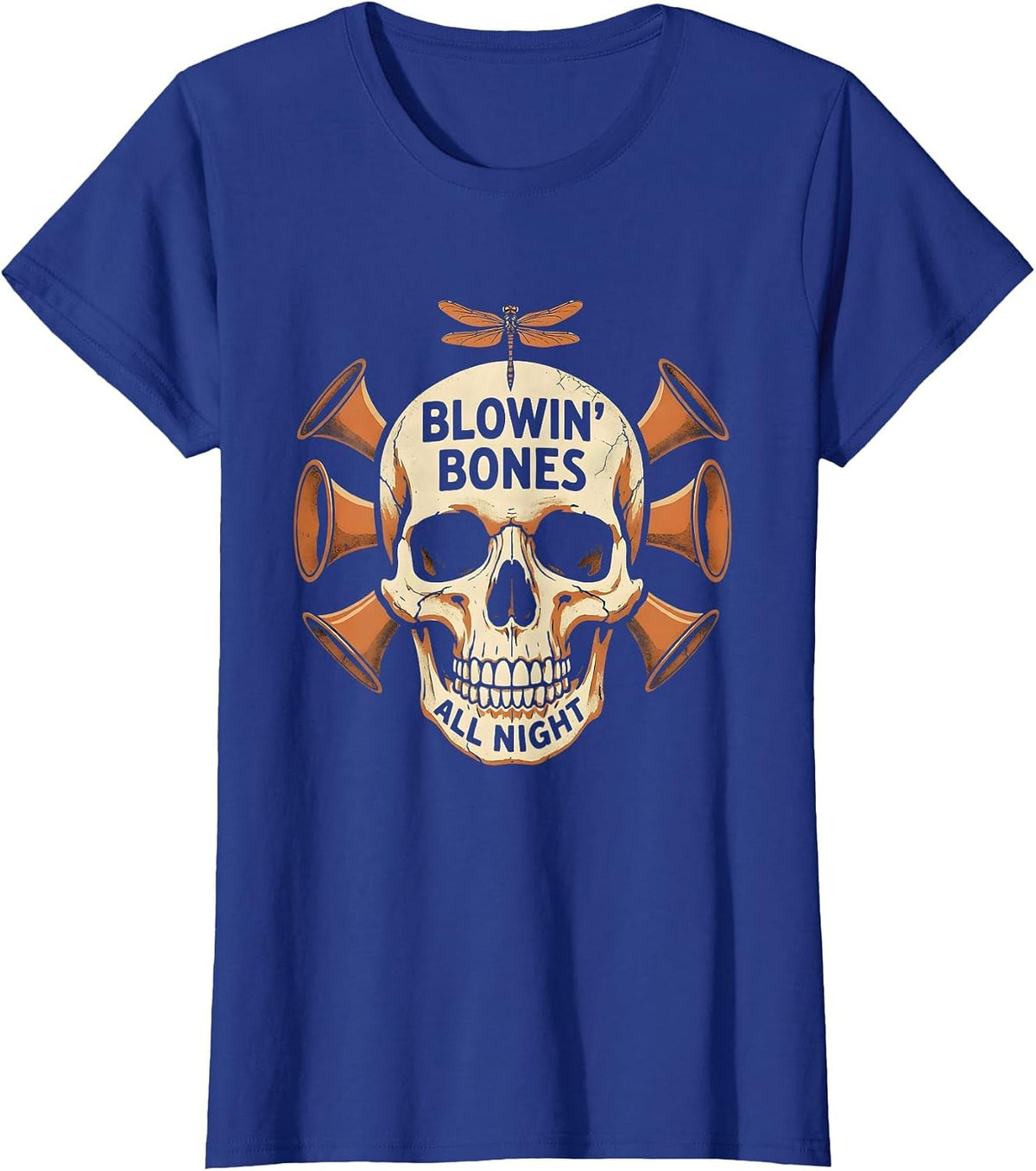 Women's Halloween Skeleton Trumpet Jazz Solo Design T-Shirt - Royal Blue