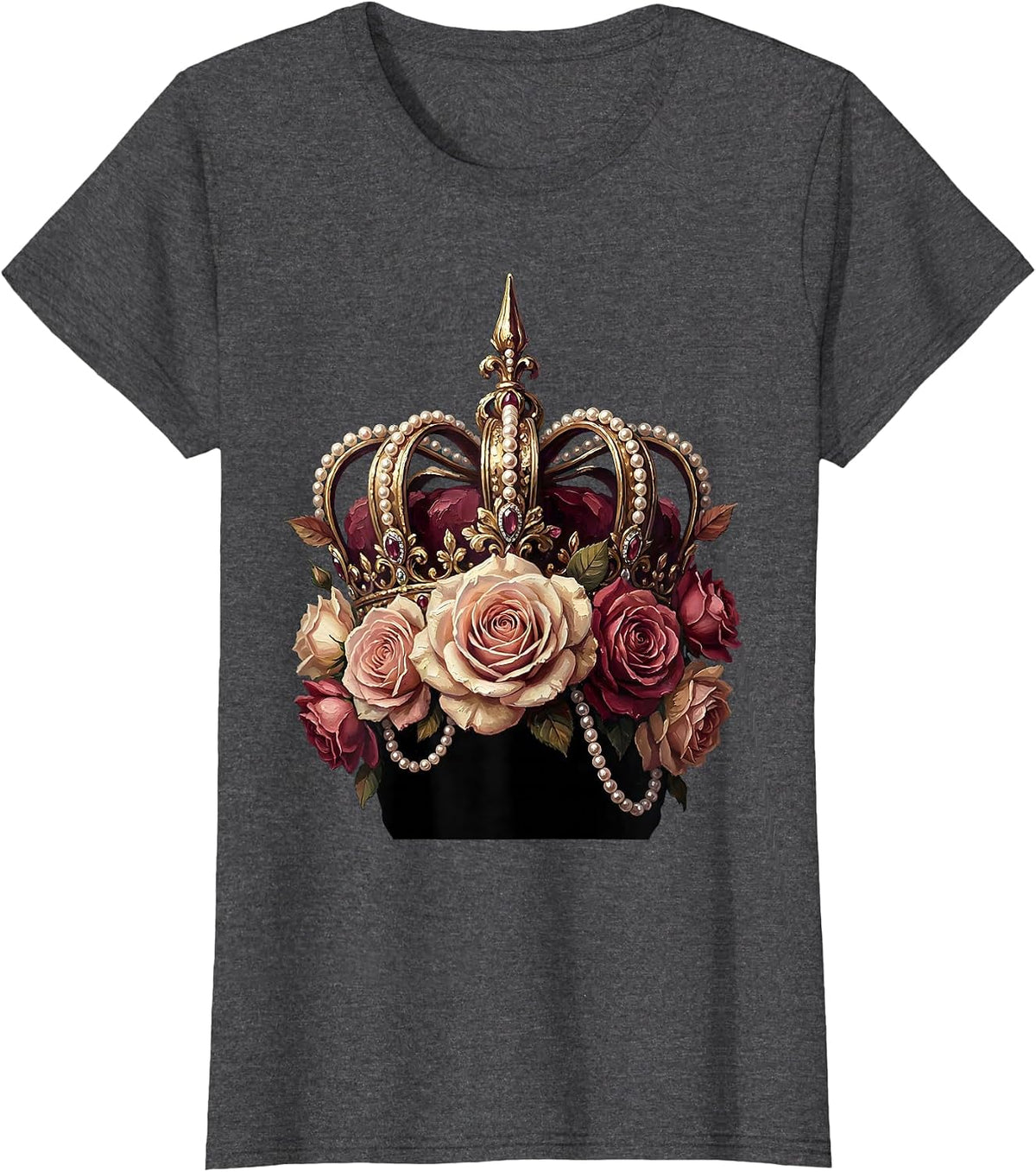 Women's Showgirl Crown Pearls and Roses Illustration T-Shirt - Dark Heather Grey