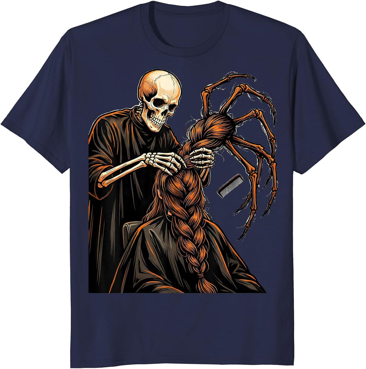 Skeleton Hairstylist Braiding Halloween Barber Humor T-Shirt - Navy Blue