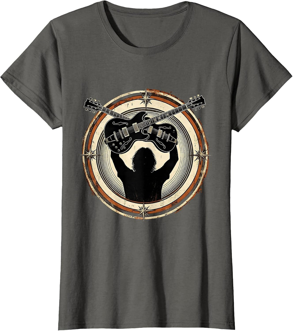 Women's Double-Neck Guitar Silhouette Rock Music Design T-Shirt - Asphalt Grey