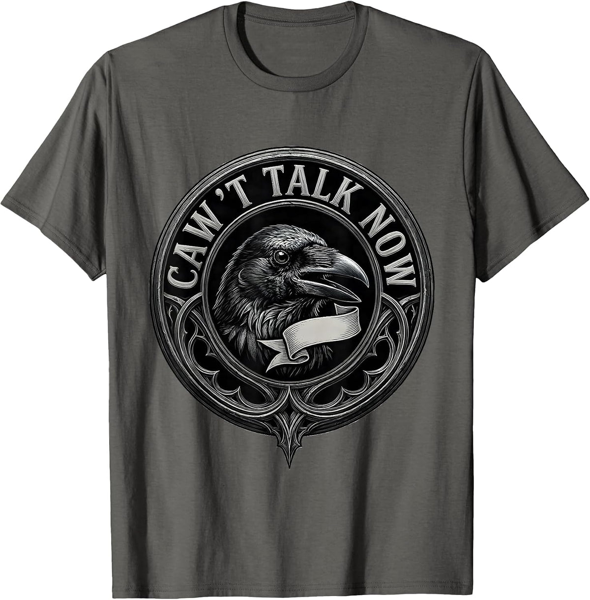 Men's Caw't Talk Now Gothic Crow Dark Humor Whimsical Bird Lover T-Shirt - Asphalt Grey