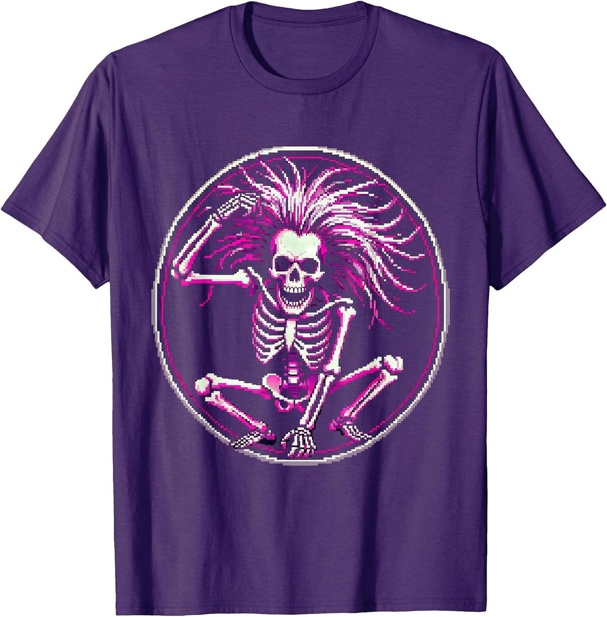 Dancing Skeleton Headbanging Rock Music Graphic T-Shirt - Purple