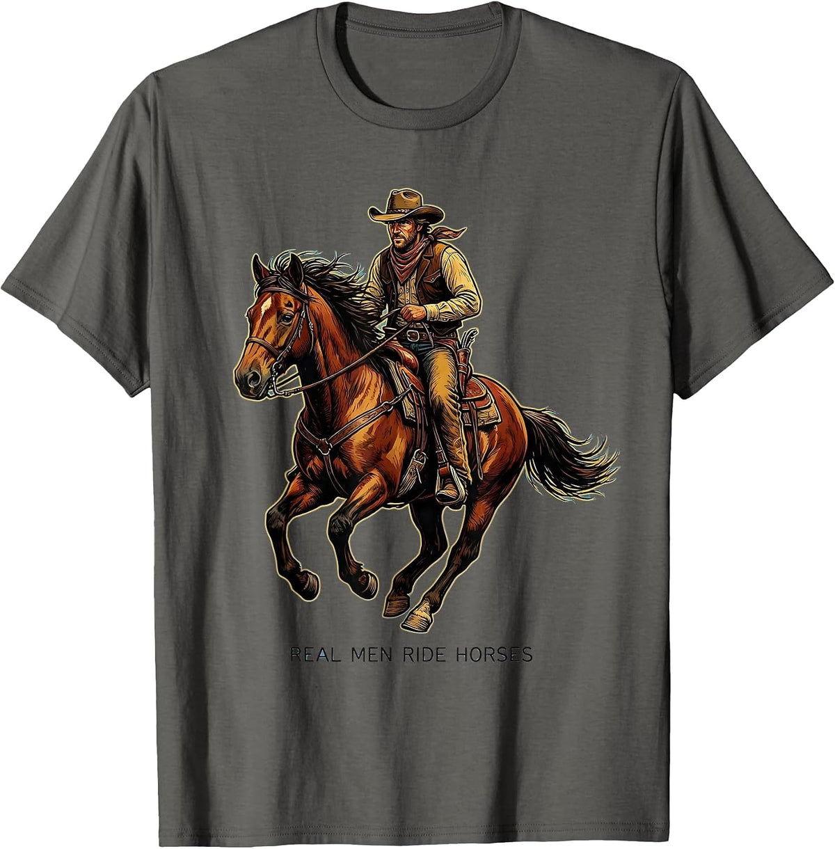 Men's Real Men Ride Horses Cowboy Graphic Design T-Shirt - Asphalt Grey