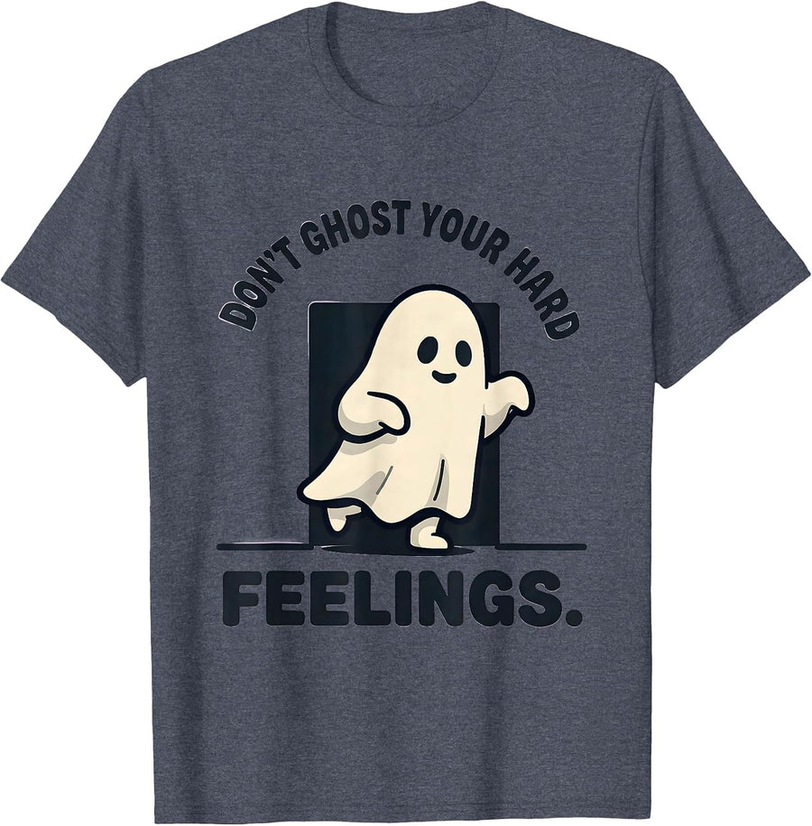 Don't Ghost Your Hard Feelings Cartoon Ghost Halloween T-Shirt - Heather Blue