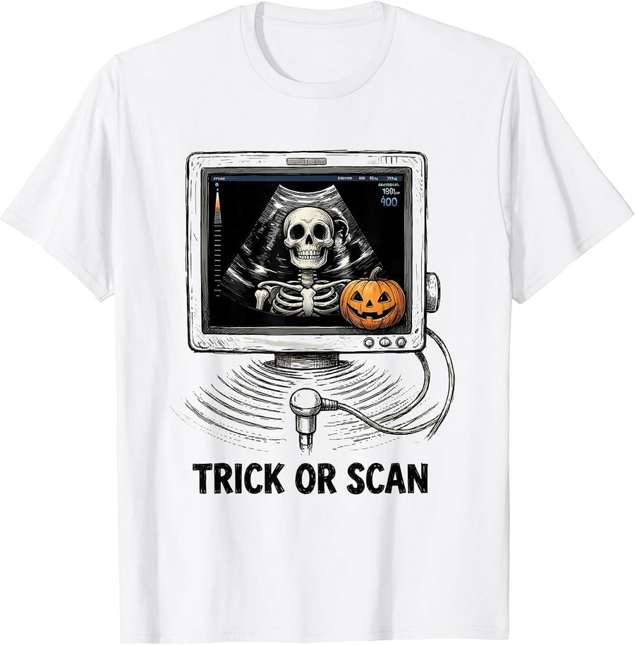 Men's Trick Or Scan Hand-Sketched Ultrasound Tech Halloween Humor T-Shirt - White
