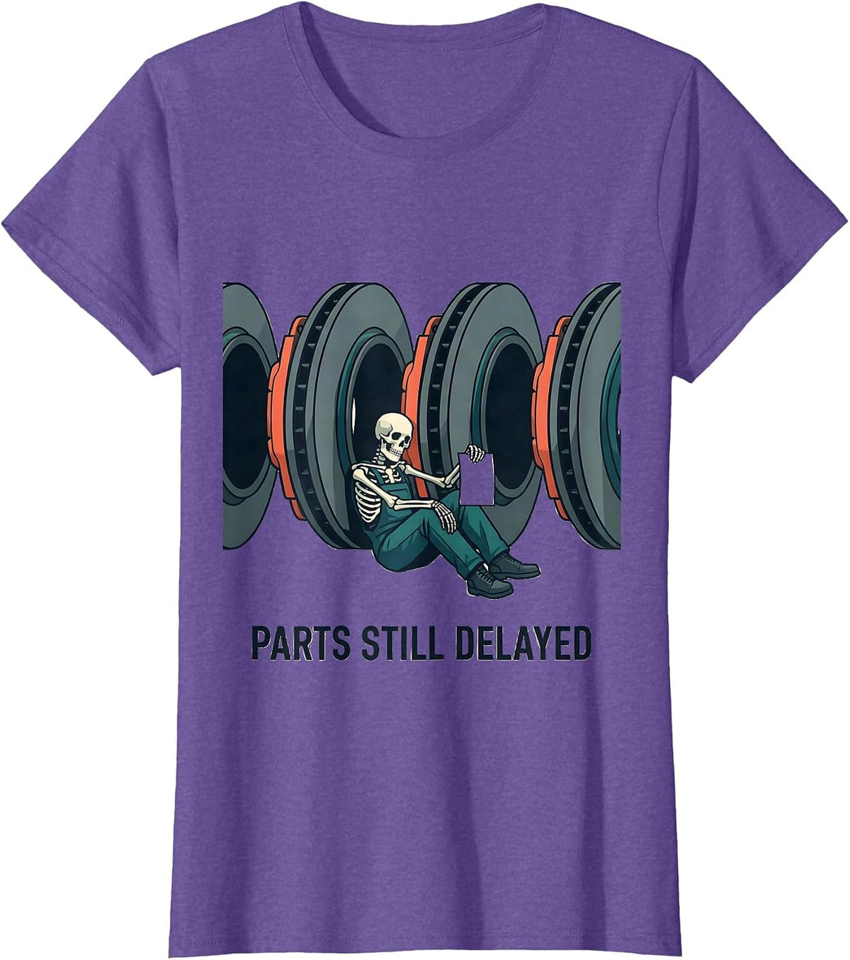 PARTS STILL DELAYED Funny Mechanic Skeleton Auto Repair T-Shirt - Purple Heather