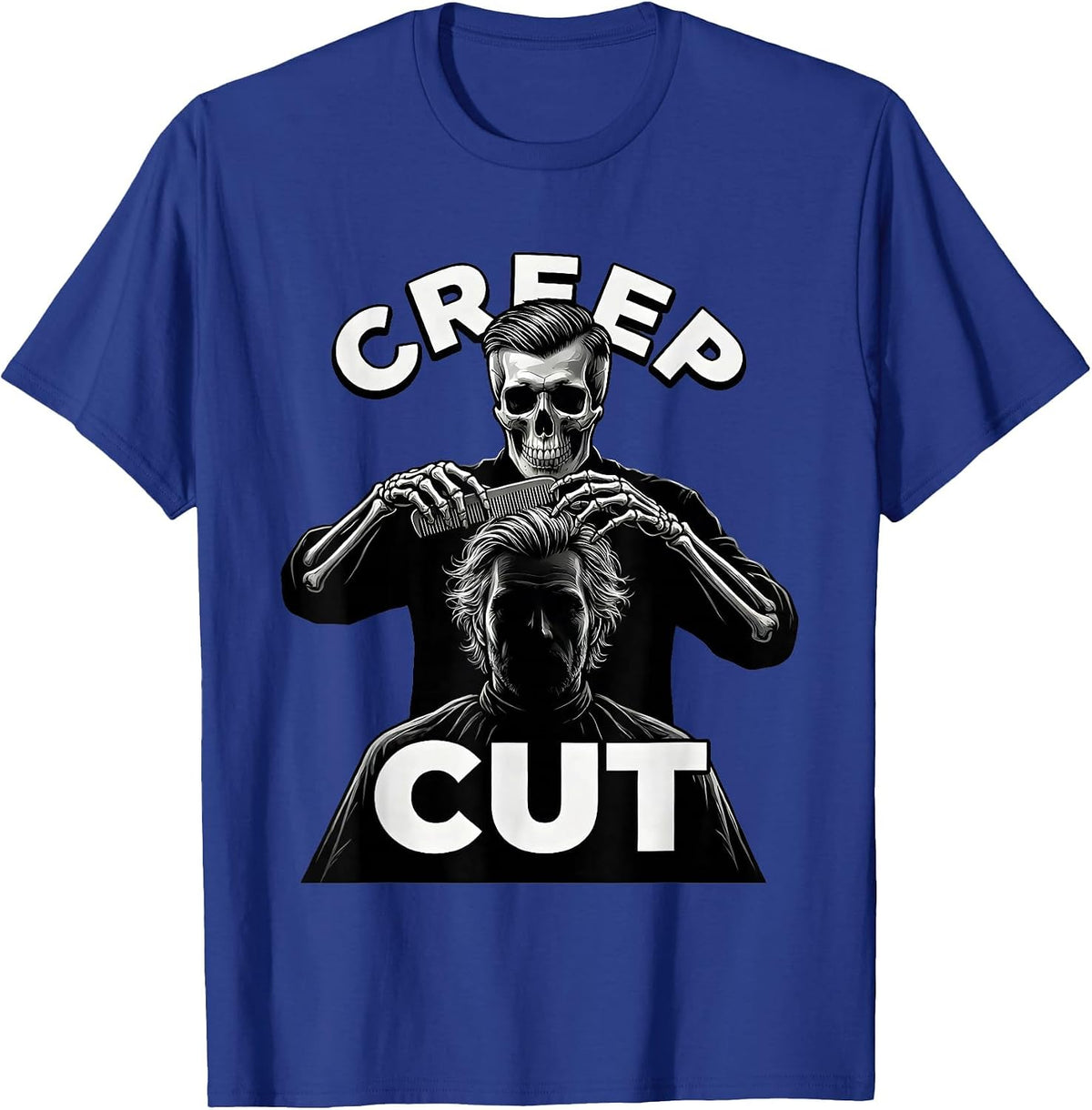 Men's Creep Cut Skeleton Hairstylist Halloween Barber Humor T-Shirt - Royal Blue