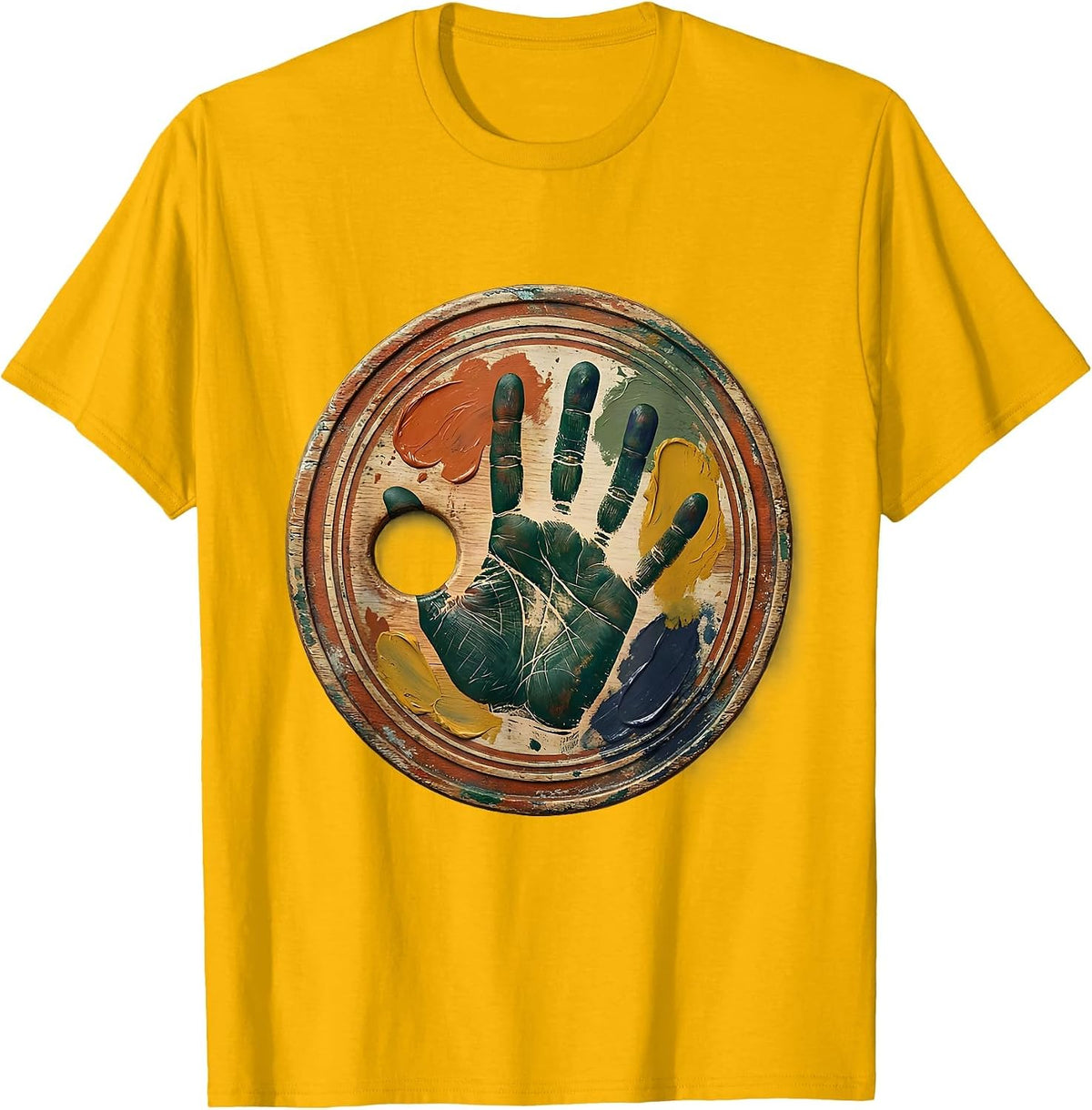 Men's Paint Palette Colorful Handprint Art Teacher Graphic T-Shirt - Golden Yellow