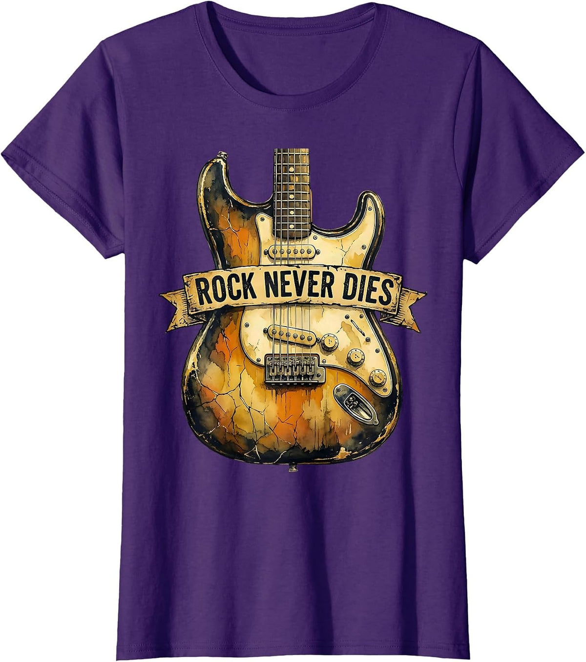 Women's Rock Never Dies Bold Music Graphic Design T-Shirt - Purple