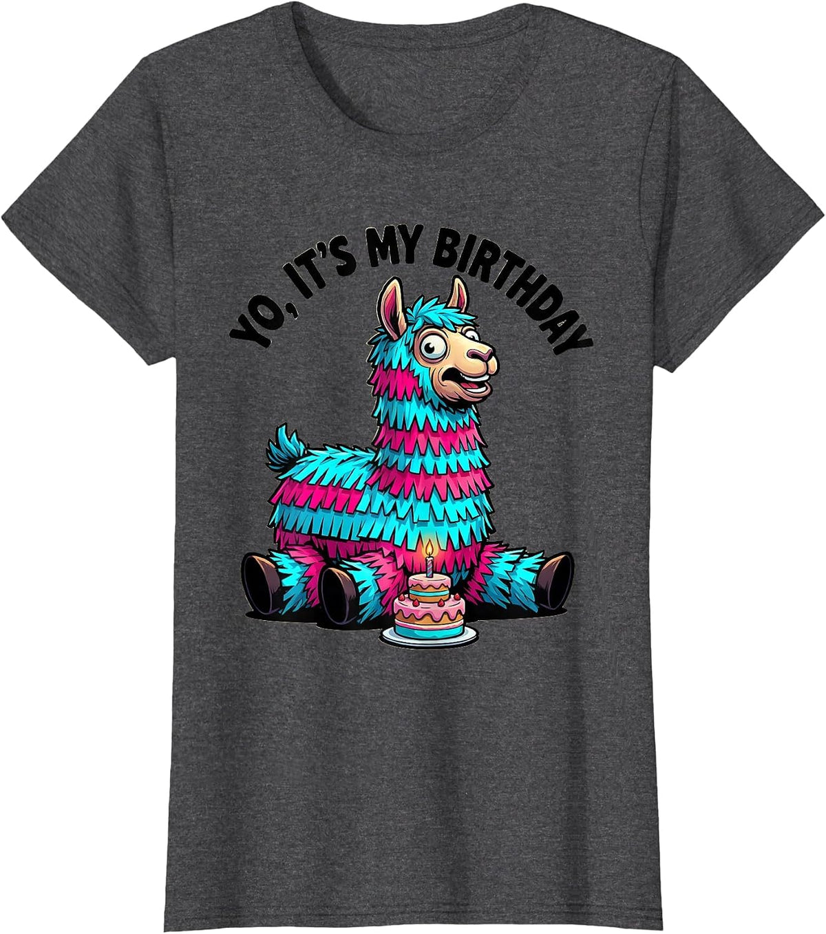Women's YO, IT'S MY BIRTHDAY Funny Llama Piñata Gamer Birthday Boy T-Shirt - Dark Heather Grey