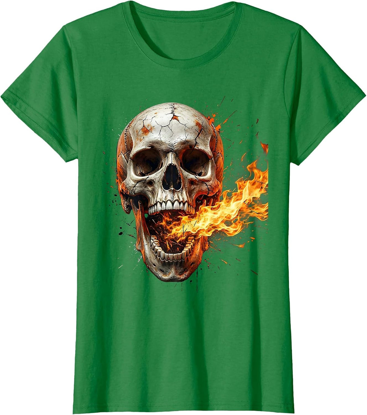 Skull Roaring Fire Unhinged Jaw Graphic Design T-Shirt - Kelly Green