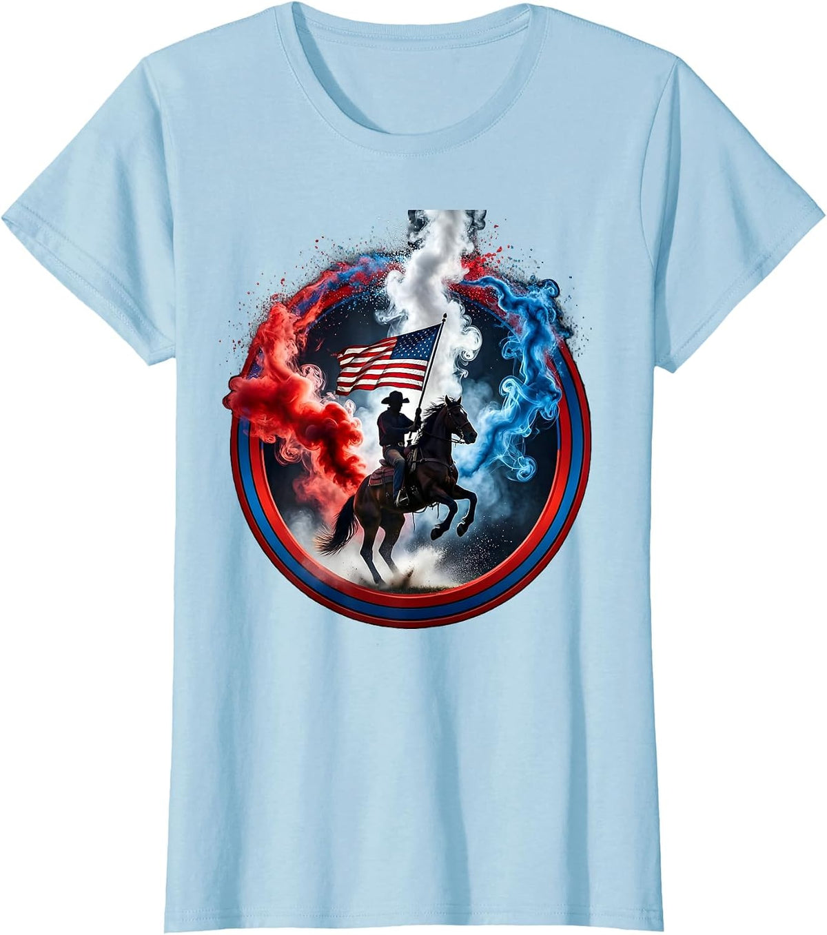 Patriotic Cowboy on Horseback Waving Flag T-Shirt - Baby Blue