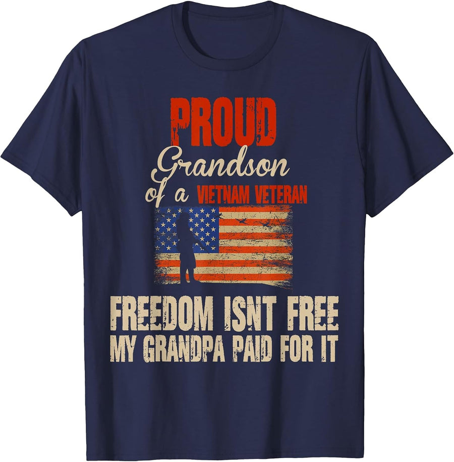 Proud Grandson of Vietnam Veteran Military Family USA Flag T-Shirt - Navy Blue