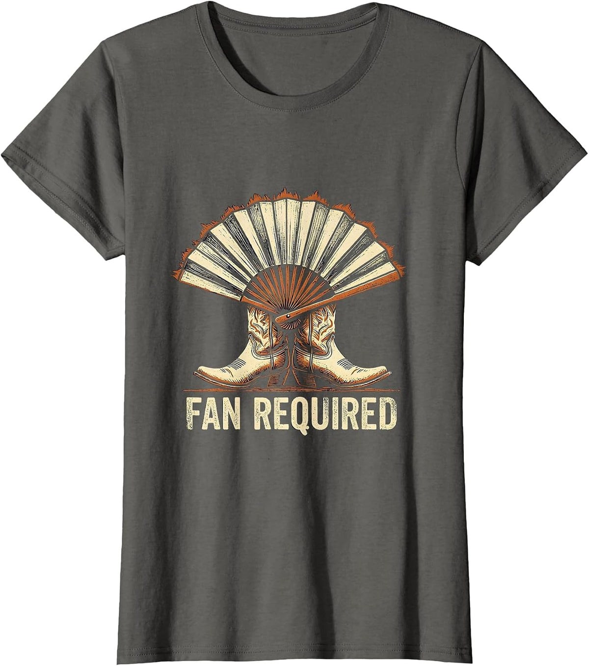 Women's Fan Required Rubber Stamp Black Cowgirl Line Dance Humor T-Shirt - Asphalt Grey