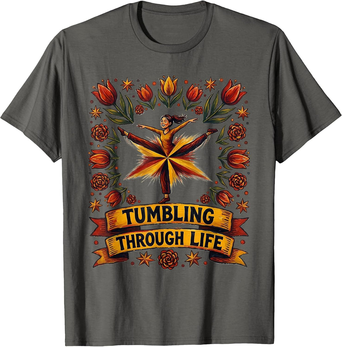 Tumbling Through Life Cartwheel Gymnastics Design T-Shirt - Asphalt Grey