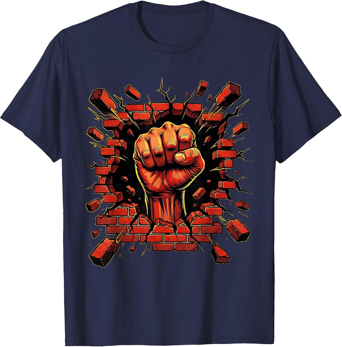 Equal Rights Labor Day Fist Through Brick Wall T-Shirt - Navy Blue