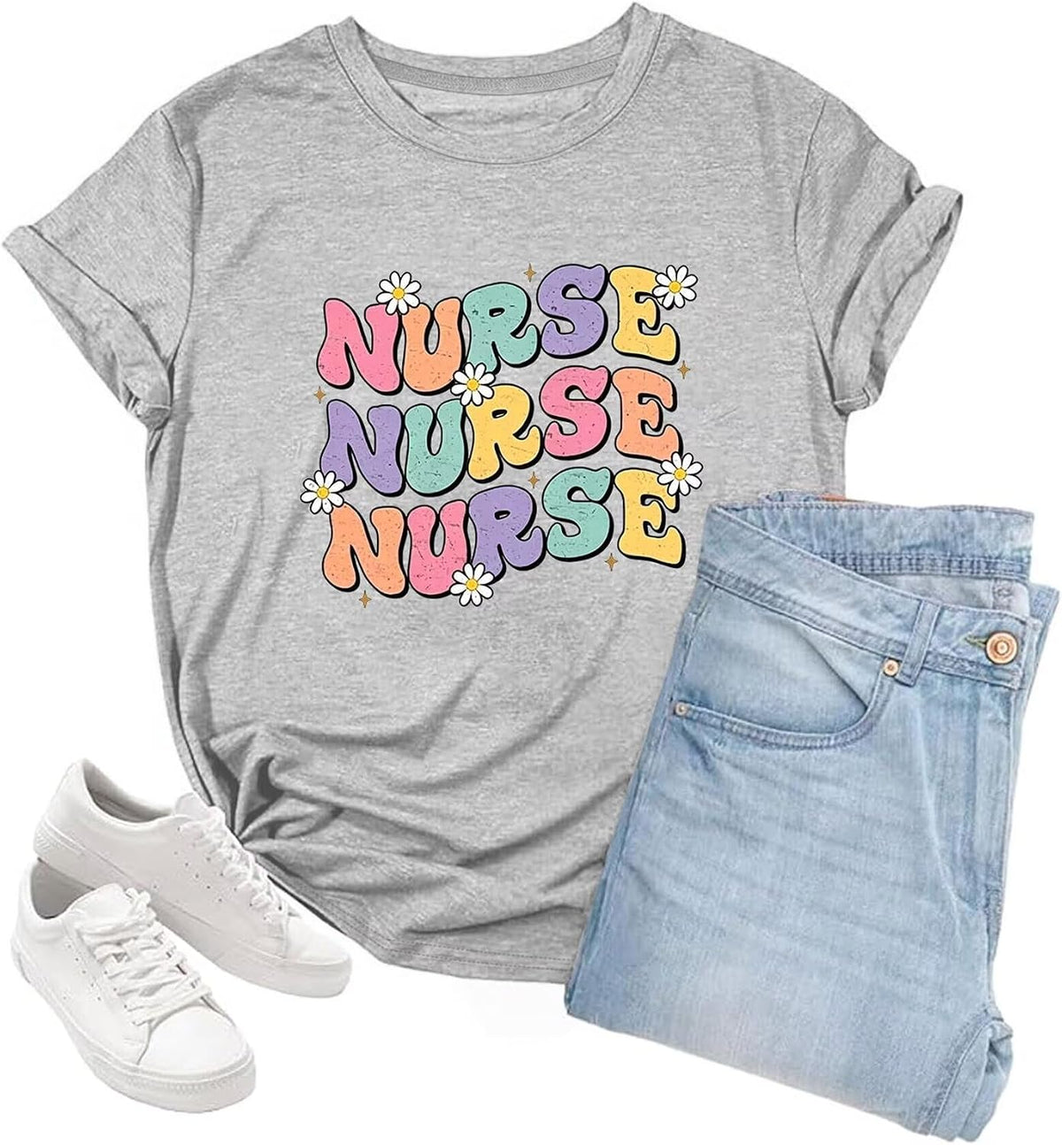 Nurse Shirt for Women School Nurse Gift Cute Crewneck Top Short Sleeve - B-grey