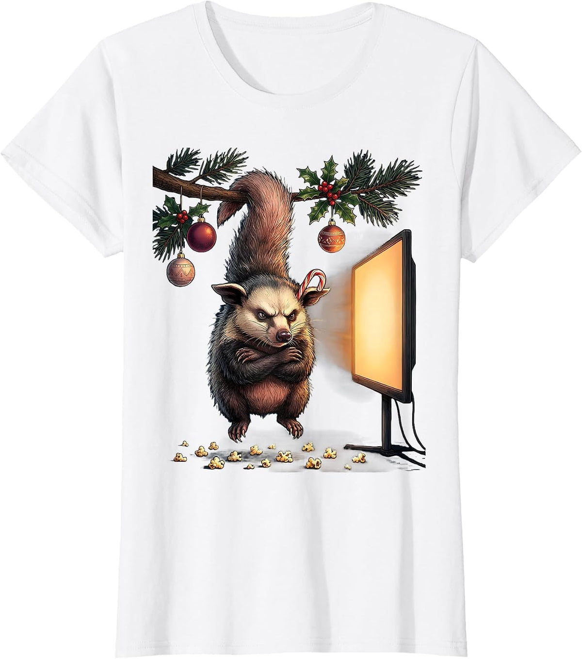 Cranky Opossum Christmas Movie Night T-Shirt - White