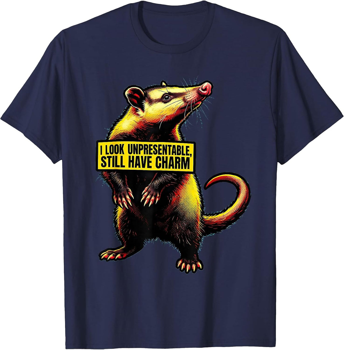 I Look Unpresentable, Still Have Charm Pop Art Opossum Meme T-Shirt - Navy Blue
