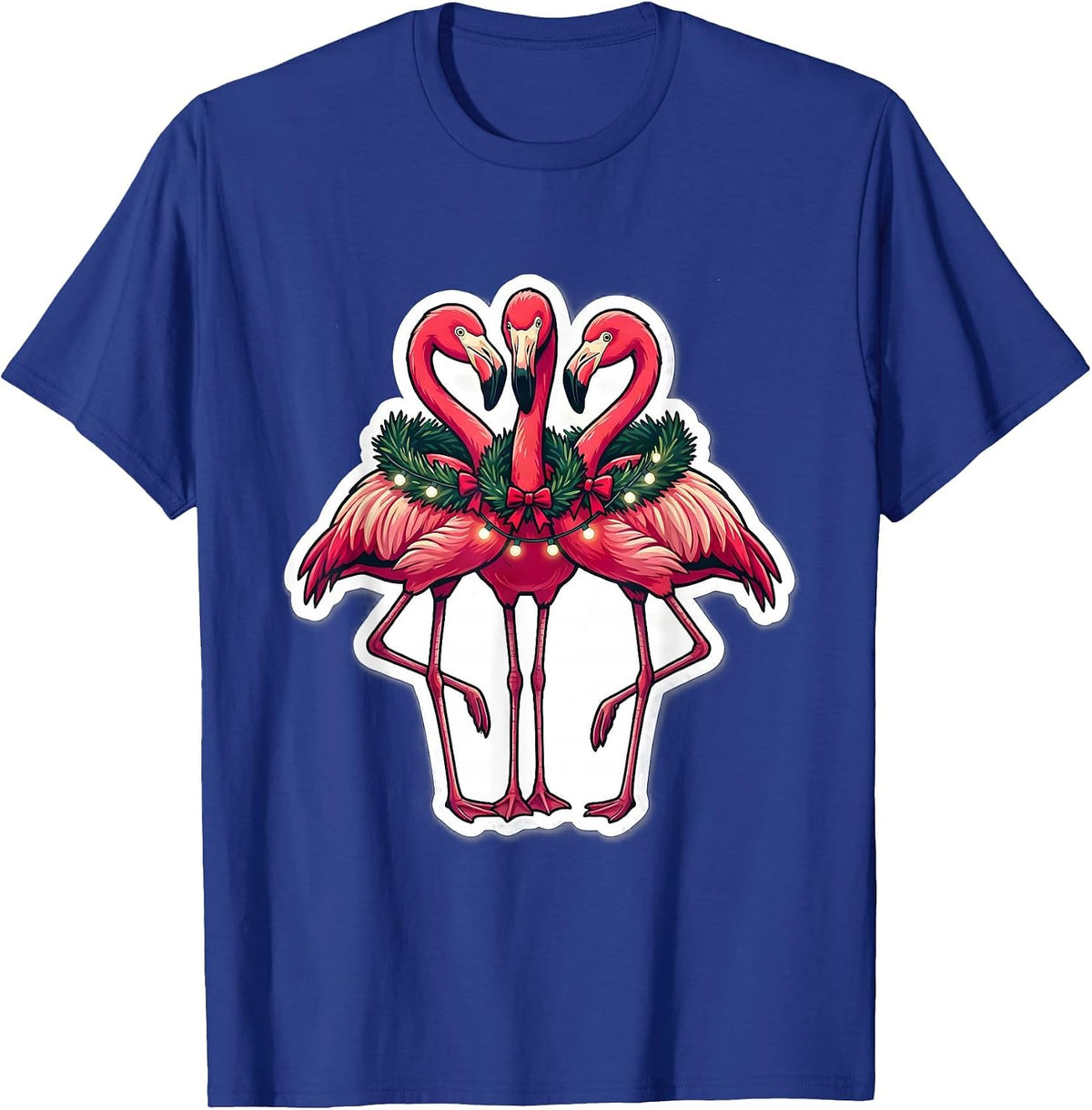 Men's Pink Flamingo Cluster Holiday Novelty Sticker Style T-Shirt - Royal Blue