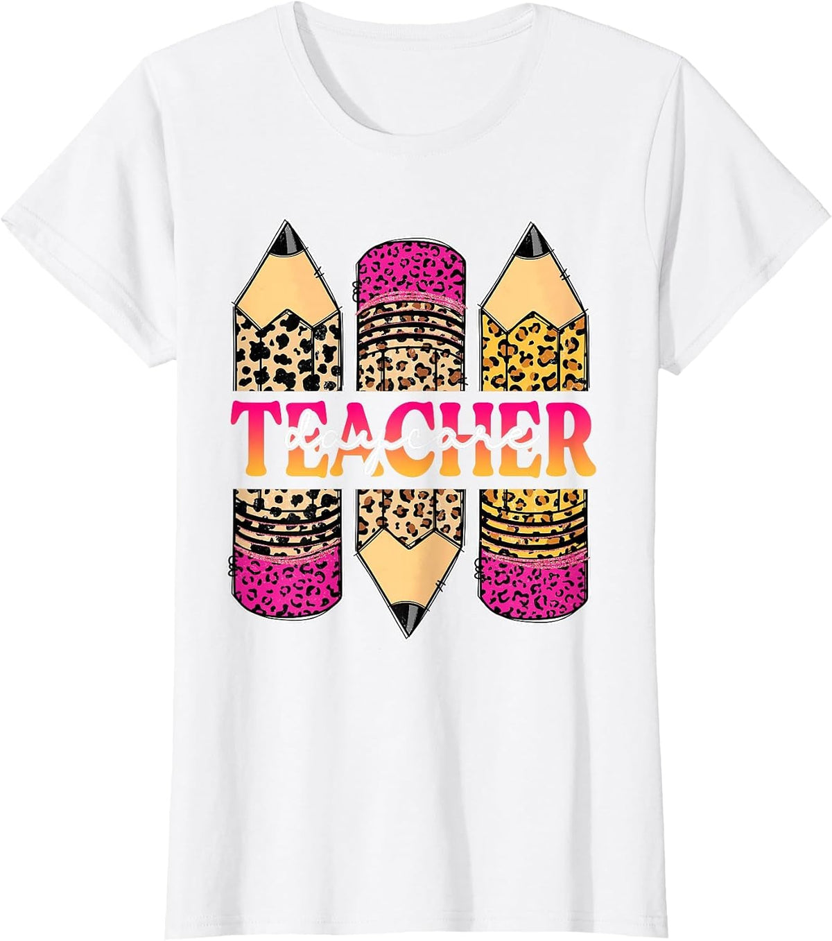 Leopard Pencil Daycare Teacher Back to School Teaching T-Shirt - White