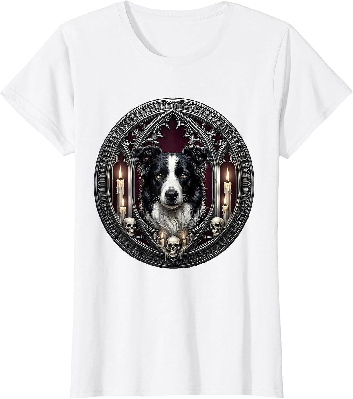 Border Collie Halloween Candles and Skulls Design T-Shirt - White