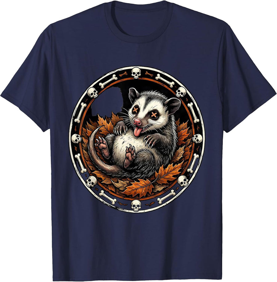 Opossum Playing Dead Among Fallen Leaves T-Shirt - Navy Blue