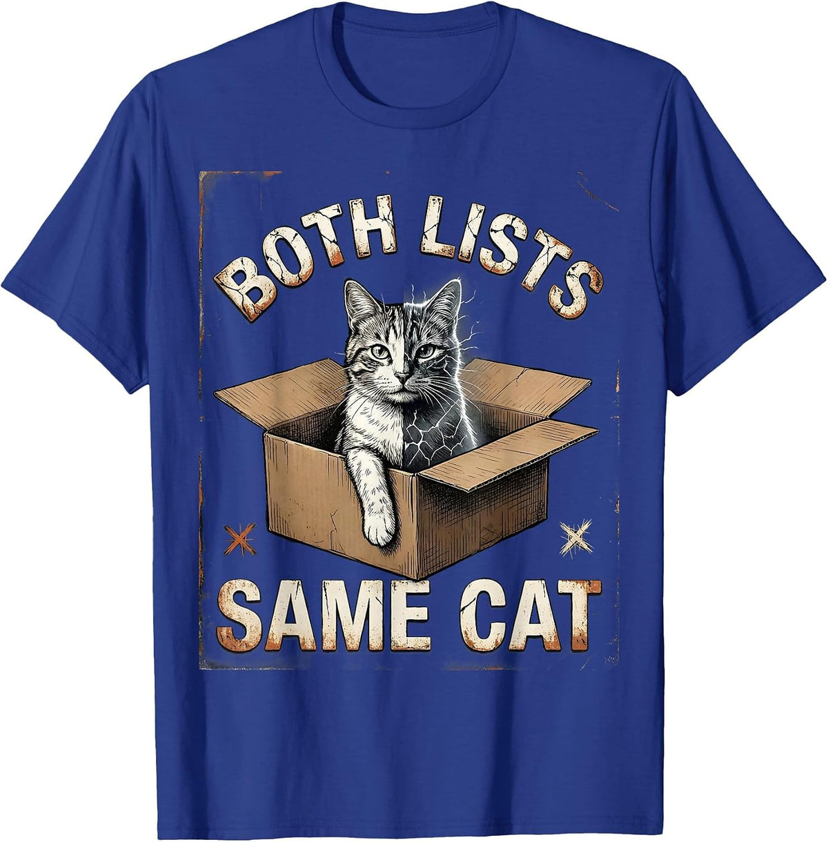 Both Lists Same Cat Distressed Quantum Physics Humor T-Shirt - Royal Blue