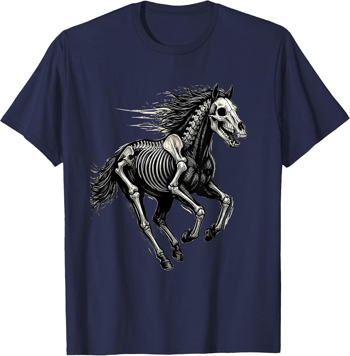 Men's Skeletal Horse Full Gallop Running Art Design T-Shirt - Navy Blue