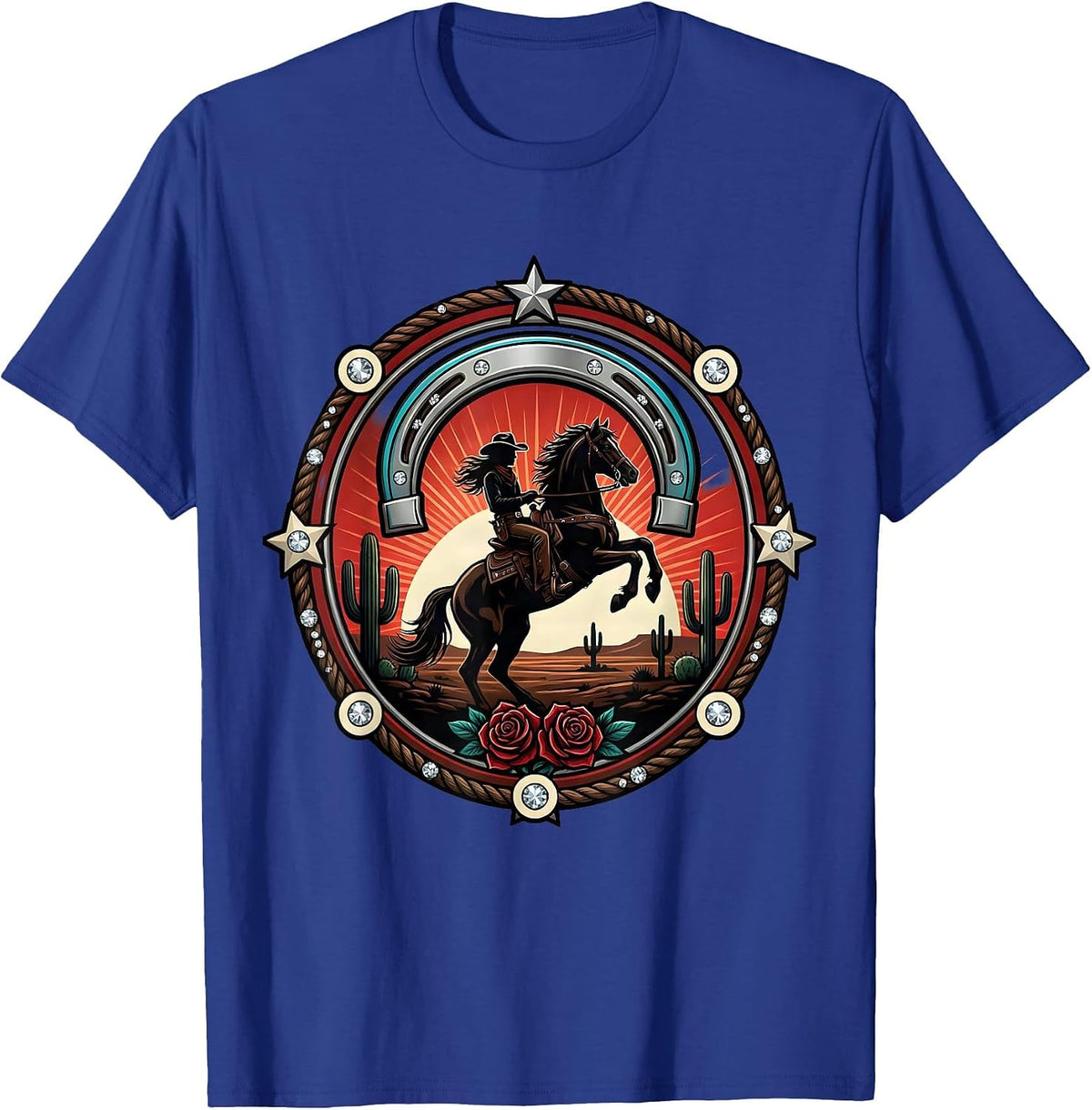Cowgirl Riding Horse Desert Sunset Illustration T-Shirt - Royal Blue
