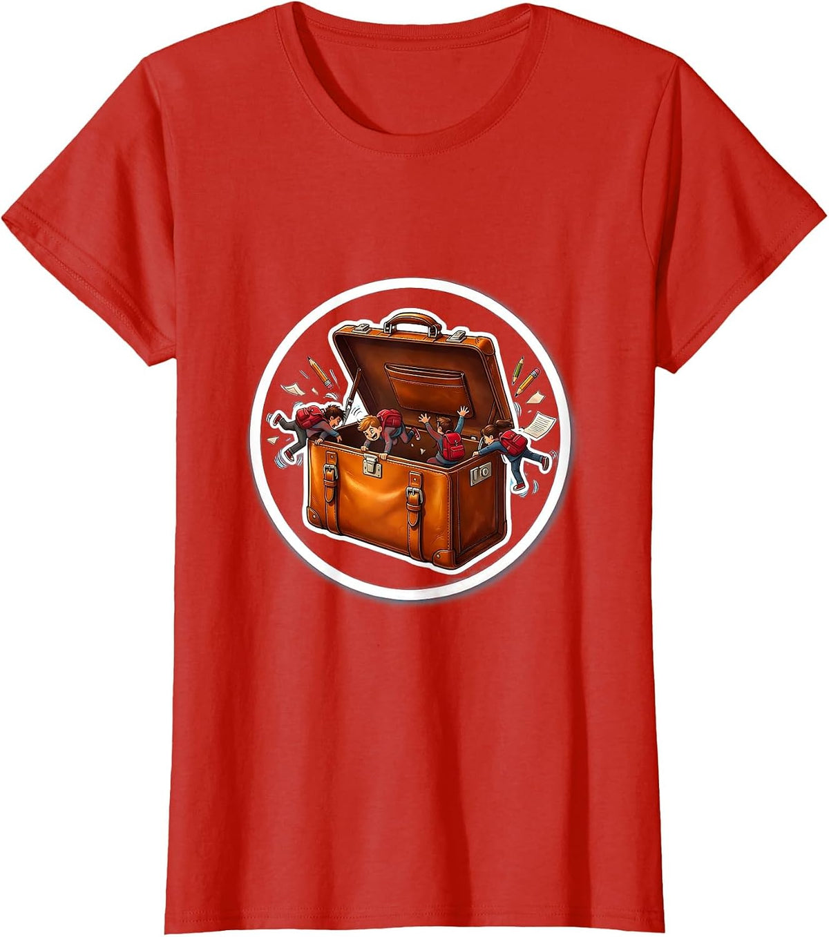 Funny Teacher Tiny Students Climbing Briefcase T-Shirt - Red