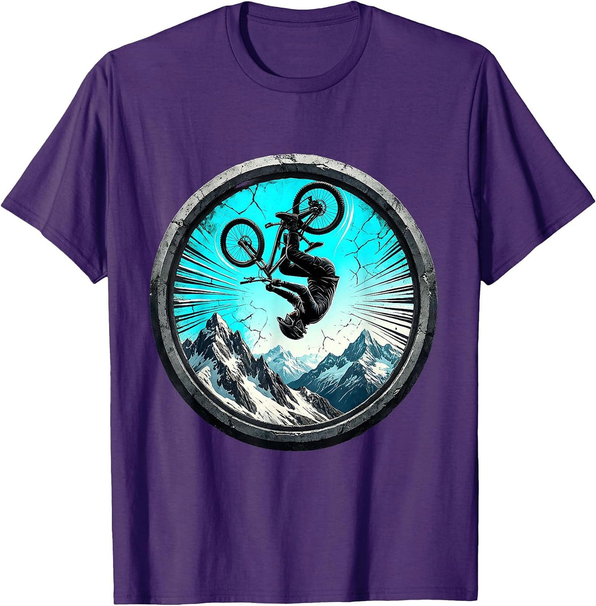 Mountain Bike Backflip Snowy Peaks Graphic T-Shirt - Purple