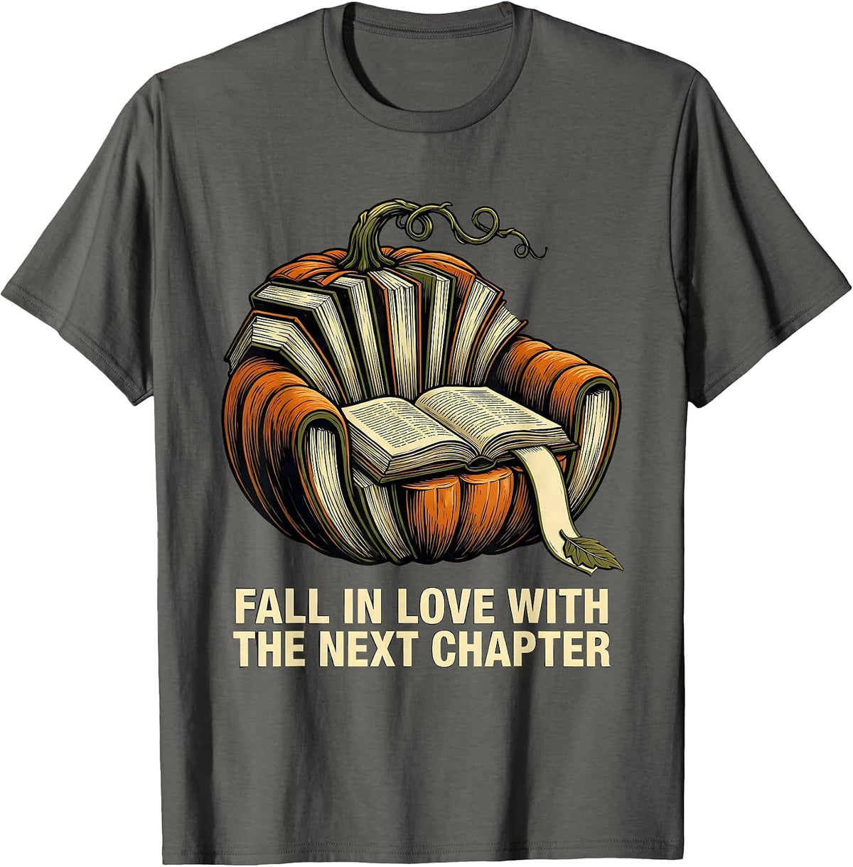 Fall In Love With The Next Chapter Cozy Pumpkin Reading T-Shirt - Asphalt Grey