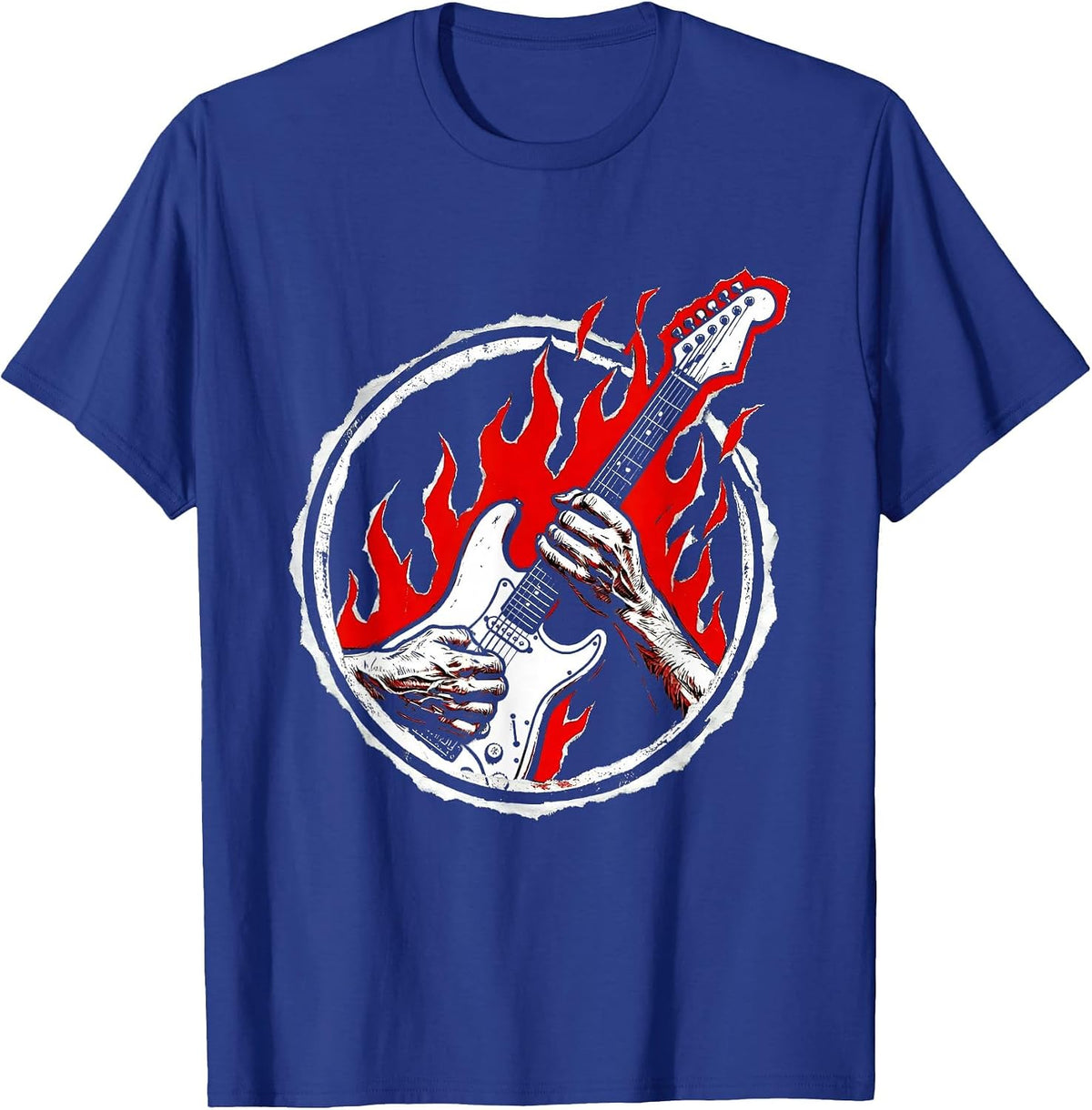 Flaming Guitar Shred Vintage Rock Band Graphic T-Shirt - Royal Blue