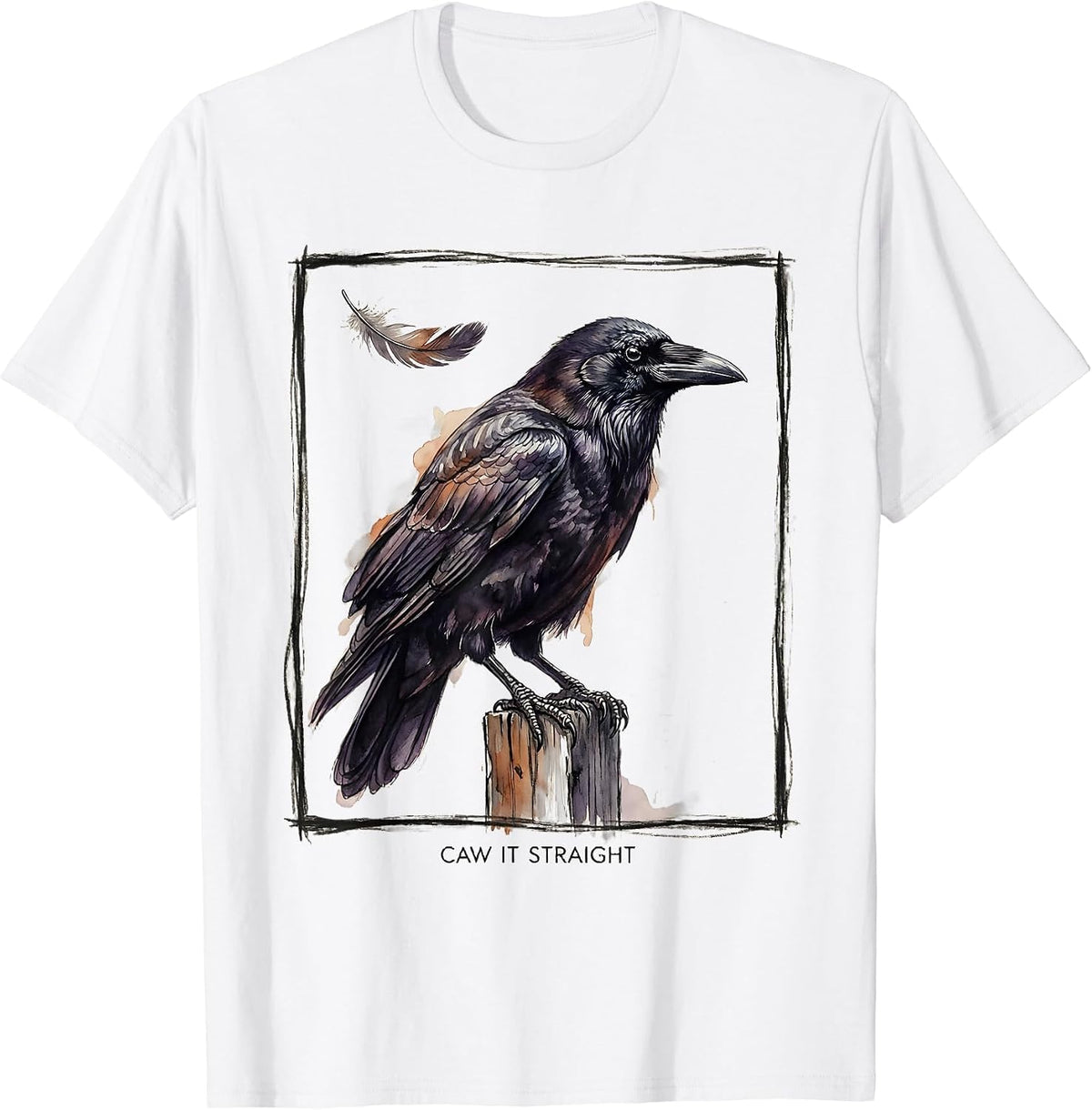 Men's Caw It Straight Watercolor Crow Gothic Humor Halloween Bird T-Shirt - White