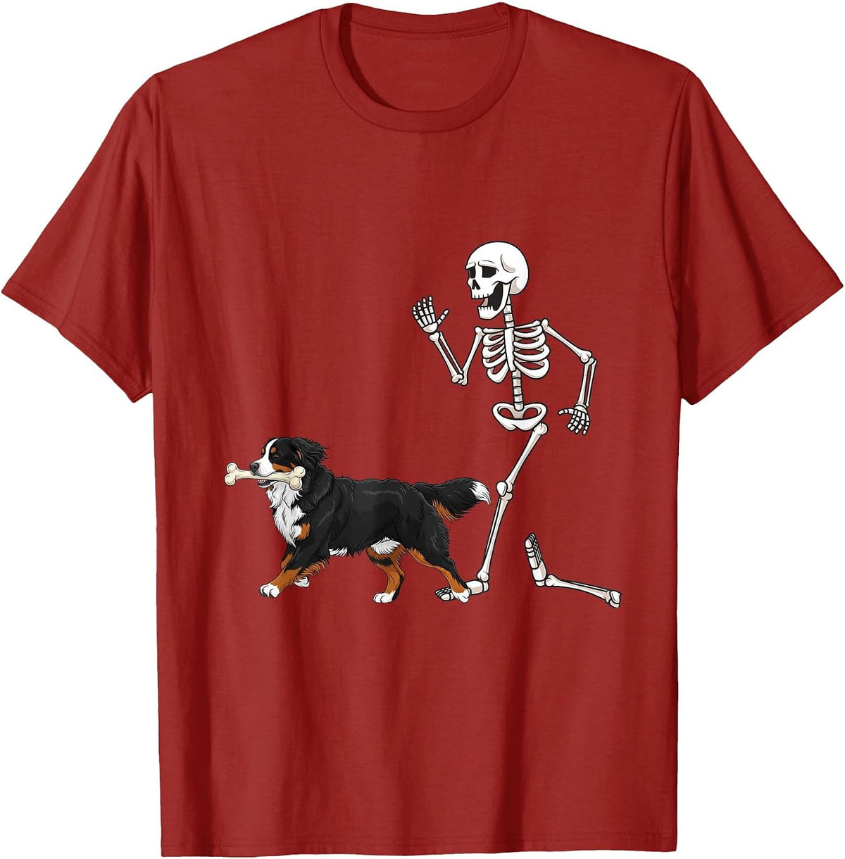 Funny Halloween Bernese Mountain Dog and Skeleton T-Shirt - Cranberry Red