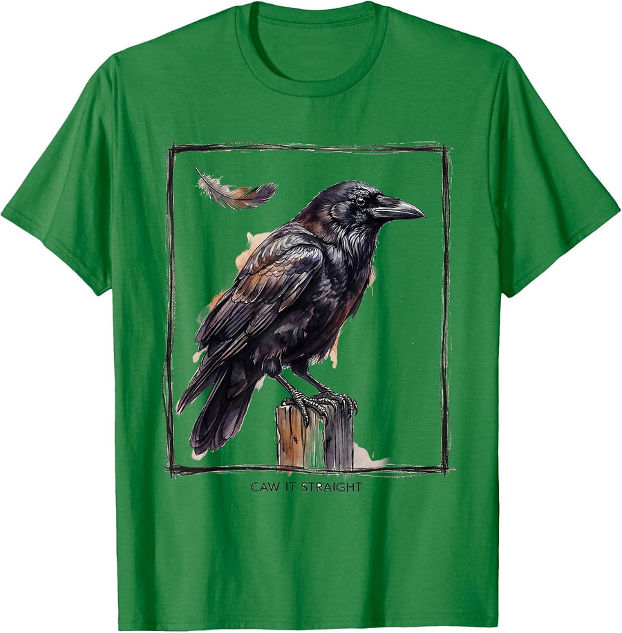 Men's Caw It Straight Watercolor Crow Gothic Humor Halloween Bird T-Shirt - Kelly Green