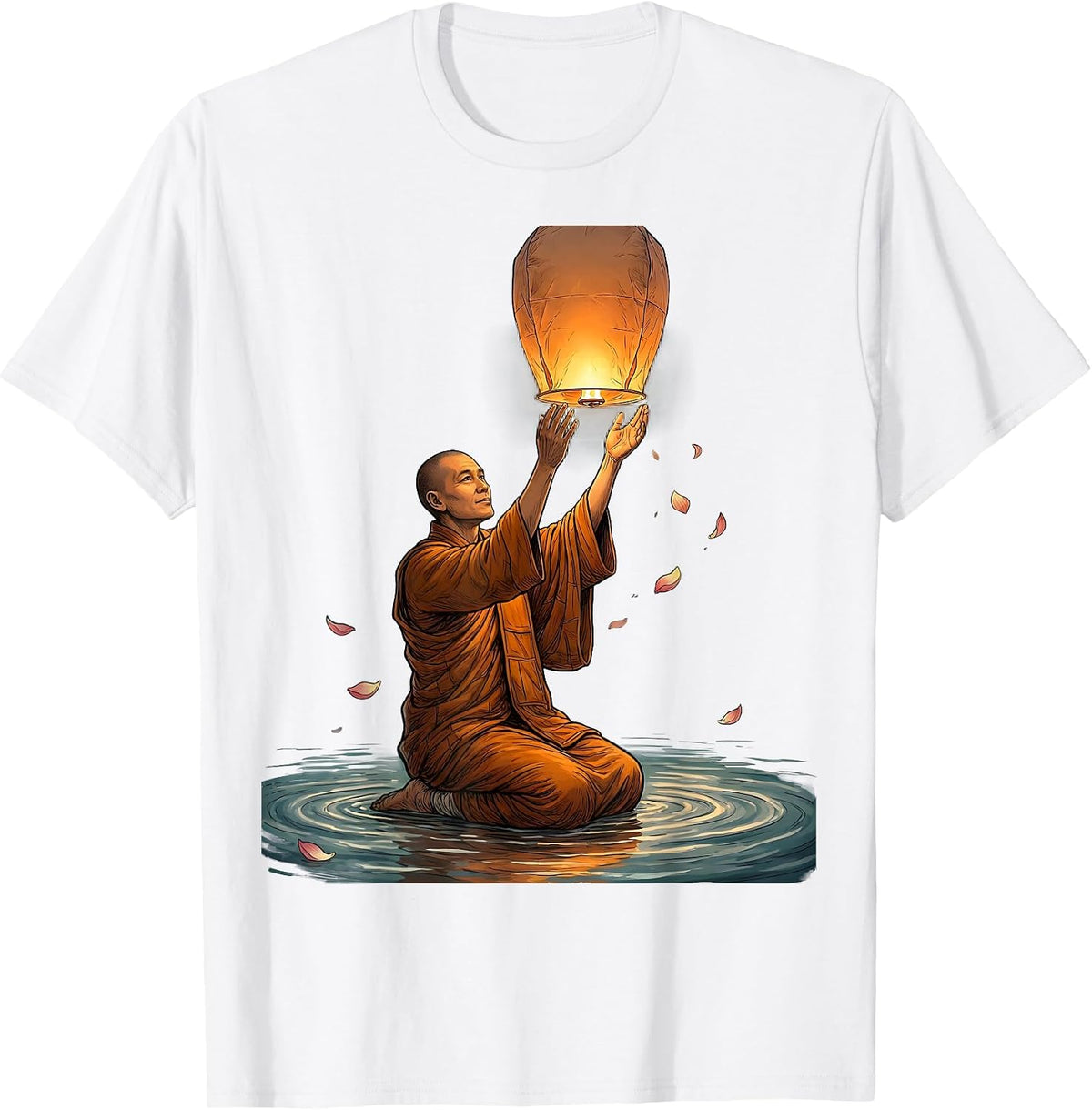 Buddhist Monk Floating Lantern Release Graphic T-Shirt - White