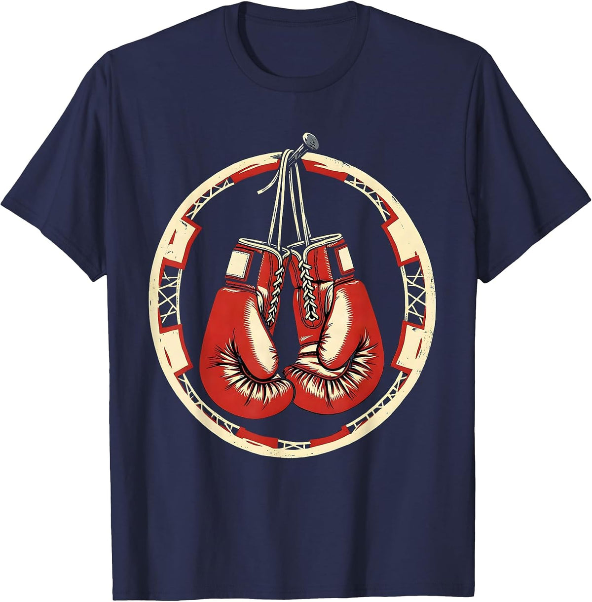 Vintage Boxing Gloves Hanging From Nail Graphic T-Shirt - Navy Blue