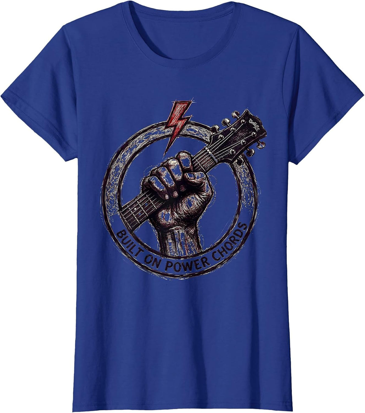Women's Built on Power Chords Heavy Metal Guitar Design T-Shirt - Royal Blue