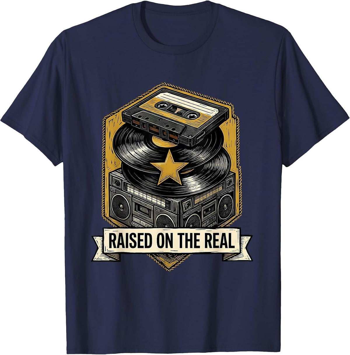 Raised On The Real Retro Golden Era 90s Hip-Hop Rap Music T-Shirt - Navy Blue