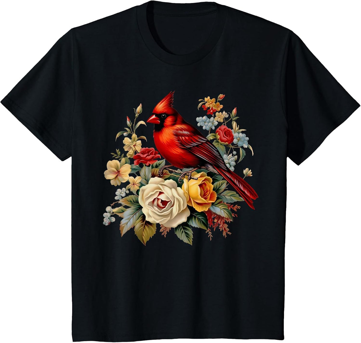 Red Cardinal Bird Roses Floral Nature Bird Watching T-Shirt - Black