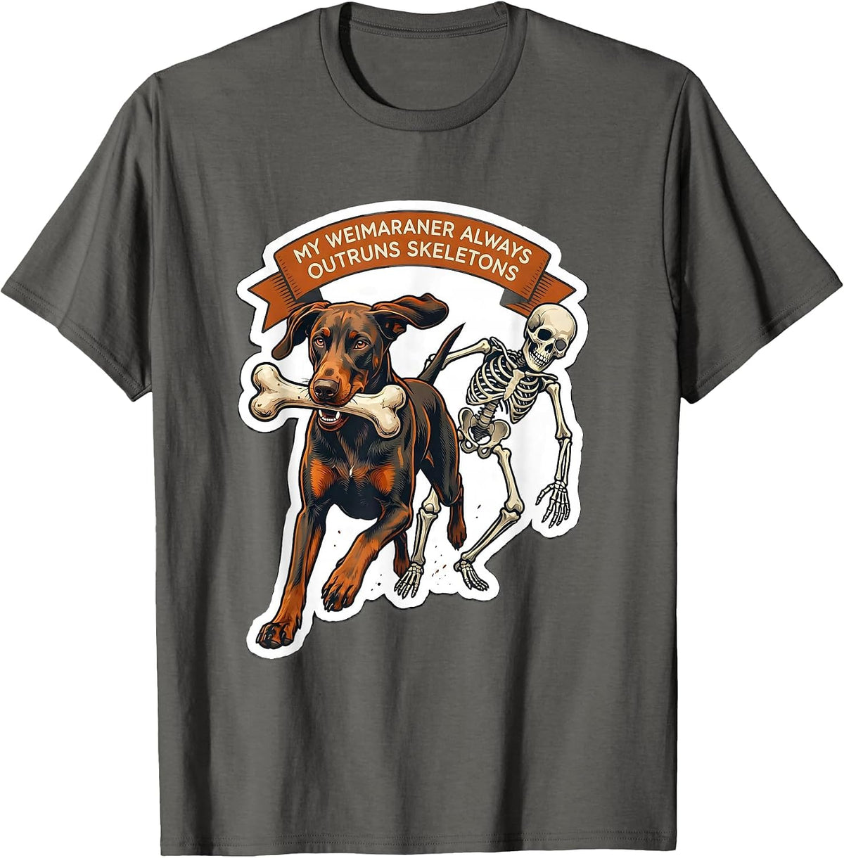 Men's My Weimaraner Always Outruns Skeletons Funny Halloween Dog T-Shirt - Asphalt Grey